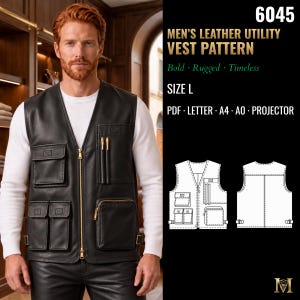 Leather Vest Sewing Pattern | Mens Utility Vest with Pockets and Zip Front | Size L | PDF Letter, A4, A0 & Projector | 6045