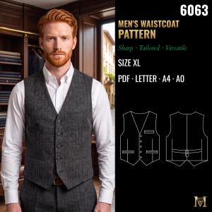 Mens Waistcoat Sewing Pattern | Single-Breasted Suit Vest with Welt Pockets | Size XL | PDF A4, A0, US Letter & Projector | 6063