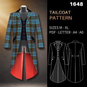 May include: A tailcoat pattern 1648 featuring a blue and brown plaid coat with a black collar, black vest, and red lining. The digital pattern includes sizes M-XL and is available in PDF, Letter, A4, and A0 formats with technical line drawings.