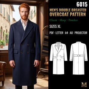 Mens Double Breasted Overcoat Sewing Pattern | Classic Coat with Peak Lapels | Size XL | PDF Letter, A4, Projector & A0 | 6015