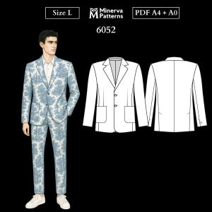 Modello di cucito per uomo 6052 / Giacca monopetto con tasche applicate e doppi spacchi posteriori / Taglia L in PDF A4 e A0