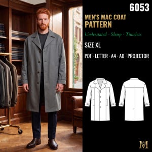 May include: A sewing pattern for a mac coat, labeled 6053, size XL. The image displays a gray coat with a button-front closure, long sleeves, and a collar, alongside a technical line drawing showing the front and back views of the garment.