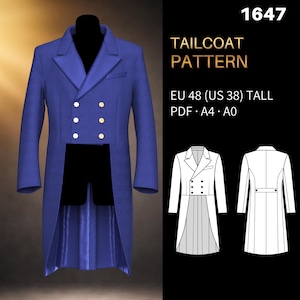Mens Sewing Pattern 1647 No Sewing Guide | Double-Breasted Tailcoat | Exclusive Collection | Size M (Eu 48/US 38) | PDF A4 & PDF A0