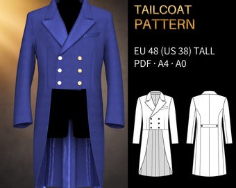 Mens Sewing Pattern 1647 No Sewing Guide | Double-Breasted Tailcoat | Exclusive Collection | Size M (Eu 48/US 38) | PDF A4 & PDF A0