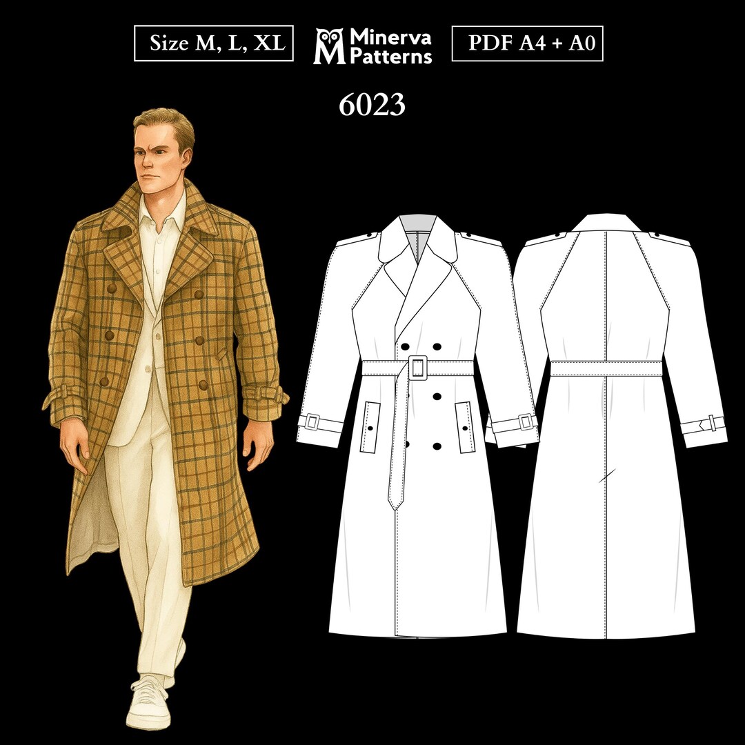 Mens Sewing Pattern 6023 | Double-breasted Trench Coat With Faux