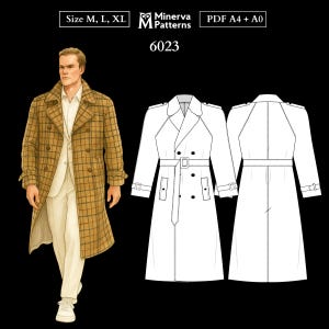 Mens Sewing Pattern 6023 | Double-Breasted Trench Coat with Faux Fur Upper Collar and Lining| Sizes M, L, XL in Separate Files |PDF A4 & A0