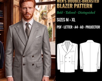 May include: A sewing pattern for a double-breasted blazer, labeled 6073, featuring a grey blazer with a white shirt and tie, alongside technical line drawings of the front and back of the garment. Includes text: SIZES M - XL, PDF, LETTER, A4, A0, PROJECTOR.