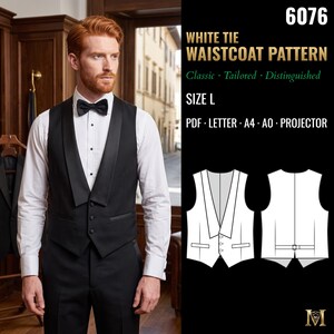 Pode incluir: Um molde de costura digital para colete de fraque, modelo 6076, tamanho L. A imagem exibe um colete preto com gola xale, três botões e dois bolsos, ao lado de desenhos técnicos das vistas frontal e traseira da peça de vestuário.