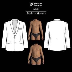 May include: A white blazer pattern with front and back views, along with two shirtless figures in black underwear. The text "Minerva Patterns" and "6078 Made to Measure" are displayed at the top of the image. The blazer has two buttons and two pockets.