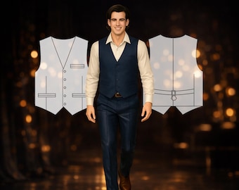 Molde de costura sob medida para colete masculino | Colete de um botão 6063 com bolsos duplos embutidos e amarração nas costas, desenhado de acordo com suas medidas.