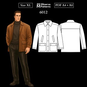 Può includere: Illustrazione digitale di un uomo con giacca marrone, pantaloni neri e dolcevita. Accanto, un disegno a tratto di una giacca bianca con tasche. I testi "Size XL", "Minerva Patterns" e "6012" sono visibili.
