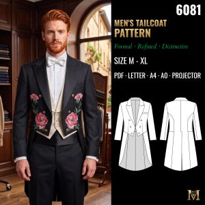 Patrón de costura para frac de hombre / Frac blanco de un solo botón con solapas de pico / Tallas M, L, XL / PDF A4, A0, Carta y para proyector / 6081