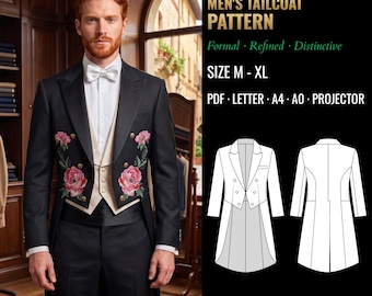 May include: A black tailcoat pattern 6081 featuring pink floral embroidery on the front panels, a white shirt, a beige vest, and a white bow tie. The image includes technical line drawings of the tailcoat front and back, with text indicating sizes M-XL and file formats including PDF, Letter, A4, A0, and Projector.