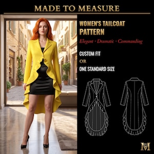 Peut inclure: Une veste queue-de-pie jaune avec un bord avant à volants et une fermeture à un bouton, portée sur une robe noire. L'image contient le texte : MADE TO MEASURE, TAILCOAT PATTERN, ELEGANT, DRAMATIC, COMMANDING, CUSTOM FIT OR ONE STANDARD SIZE.