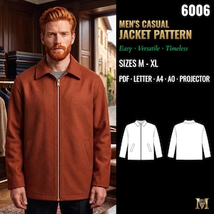 Cartamodello per giacca casual da uomo / Giacca con cerniera frontale e tasche a filetto oblique / Taglie M, L, XL / PDF Letter, A4, A0, Proiettore / 6006