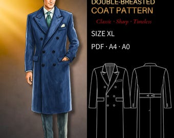 Mens Sewing Pattern 6015 | Classic Double-Breasted Coat with Peak Lapels | Size XL in PDF A4 & A0