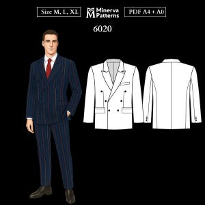 Mens Sewing Pattern 6020 | Double-Breasted Blazer with Notched Lapels and Flap Welt Pockets | Sizes M, L, XL in Separate Files | PDF A4 & A0