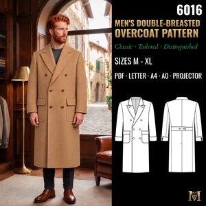 Mens Double Breasted Coat Sewing Pattern | Overcoat with Patch Pockets | Sizes M, L, XL | PDF Letter, A4, A0 & Projector | 6016