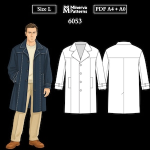 Herrmönster 6053 | Klassisk enkelknäppt regnjacka med skårad krage och ärmflikar | Storlek L i PDF A4 och PDF A4