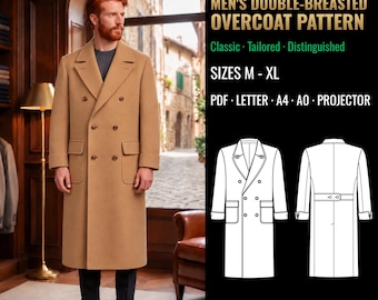 Patrón de costura para abrigo cruzado de hombre / Abrigo con bolsillos de parche / Tallas M, L, XL / PDF Carta, A4, A0 y proyector / 6016