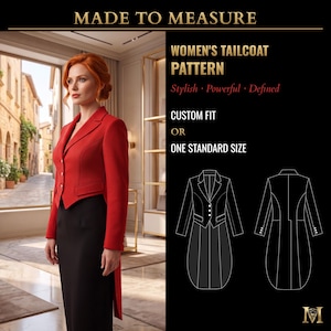 Könnte beinhalten: Ein rotes Frackschnittmuster mit dem Text MADE TO MEASURE, WOMEN'S TAILCOAT PATTERN, Stylish, Powerful, Defined, CUSTOM FIT OR ONE STANDARD SIZE. Das Bild zeigt einen roten Frack, einen schwarzen Rock und eine technische Strichzeichnung.