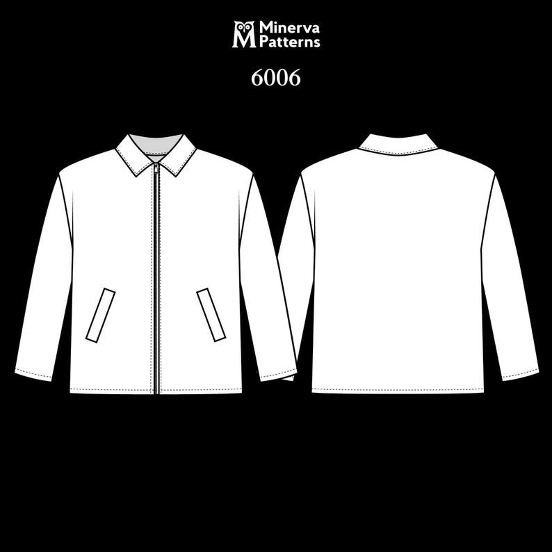 Mens sewing pattern 6006 for a casual jacket with zip front and slanted pockets in PDF, DXF AAMA and PLT formats by Minerva Patterns