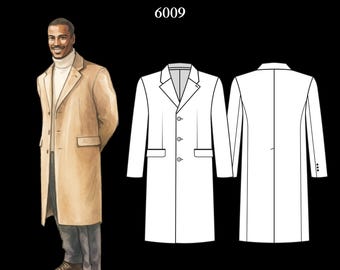 Mens Sewing Pattern 6009 | Single-Breasted Coat with Notched Lapels and Collar | Sizes M, L, XL in Separate Files | PDF A4 & A0