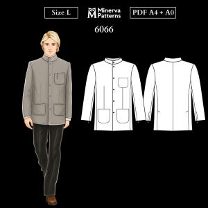 Mens Sewing Pattern 6066 | French Jacket with Stand Collar, Patch Pockets and Zipped Sleeves | Size L in PDF A4 & A0