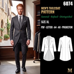 Mens Cutaway Tailcoat Sewing Pattern | Two-Button Morning Coat with Notched Lapels | Size XL | PDF A4, A0, US Letter & Projector | 6074