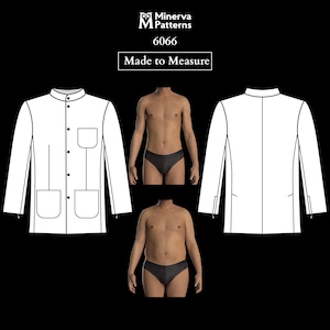 May include: A white jacket pattern with a mandarin collar, two front pockets, and button closures. The image includes a front and back view of the jacket, along with the text "Made to Measure" and the Minerva Patterns logo.