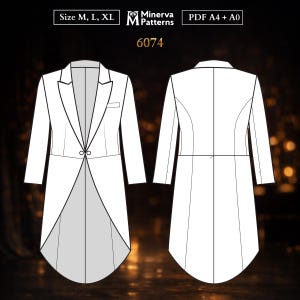 Może przedstawiać: Wzór białego fraka, pokazany z przodu i z tyłu. Wzór zawiera rozmiary M, L i XL. Widoczne jest logo Minerva Patterns i numer 6074. Dostępny w formacie PDF A4 + A0.