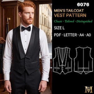 Mens Sewing Pattern 6076 | Tailcoat Vest with Flat Shawl Collar and Adjustable Back Tie | Size L in PDF Latter, A4 & A0