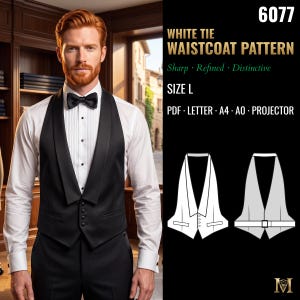 Può includere: Un cartamodello per gilet nero, etichettato 6077 White Tie Waistcoat Pattern Size L. L'immagine mostra un gilet nero con collo a scialle e quattro bottoni, insieme a disegni tecnici al tratto del davanti e del dietro del capo.