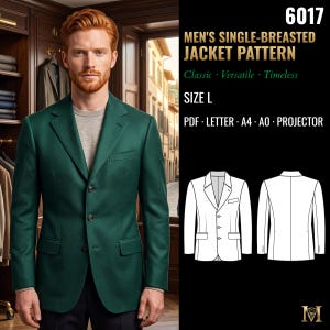 Könnte beinhalten: Ein einreihiges Jackenschnittmuster 6017 in Größe L, verfügbar als PDF, Letter, A4, A0 und Projektor-Datei. Das Bild zeigt eine grüne Jacke mit drei Knöpfen, einer Brusttasche und zwei Pattentaschen sowie eine technische Skizze.