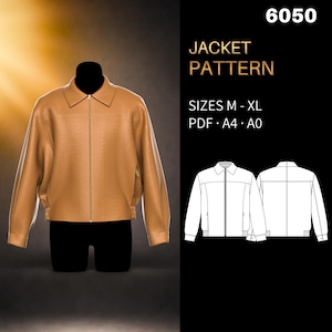 May include: A tan jacket with a textured surface, a collar, and a front zip. The image includes text: 6050 JACKET PATTERN, SIZES M - XL, PDF A4 A0, and a technical line drawing showing the front and back views of the jacket design.