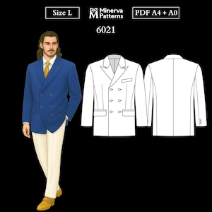 Patrón de costura para hombre 6021 / Blazer clásico cruzado con solapas con muescas / Talla L en PDF A4 y A0