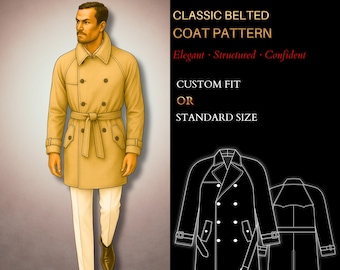 MADE TO ORDER Mens Sewing Pattern 6030 | Classic Double-Breasted Trench Coat Drafted to Your Individual Measurements or in a Standard Size