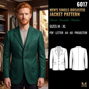 Puede incluir: Un patrón de costura para chaqueta de botonadura sencilla, etiquetado 6017, con una ilustración de chaqueta verde, dibujos técnicos de frente y espalda, y texto que incluye SIZES M - XL, PDF, LETTER, A4, A0, PROJECTOR.