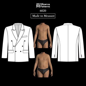 Può includere: Un modello di blazer doppiopetto bianco con vista frontale, posteriore e laterale. L'immagine include il testo "Minerva Patterns 6020 Made to Measure". Il blazer ha due file di bottoni e un risvolto a lancia.