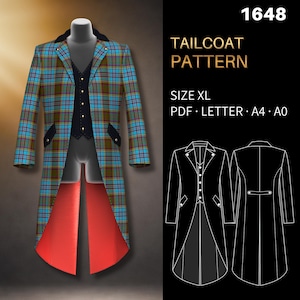 May include: A blue, green, and brown plaid tailcoat pattern, size XL, presented on a mannequin. The design includes a vest and red lining. The image also features a line drawing of the tailcoat.