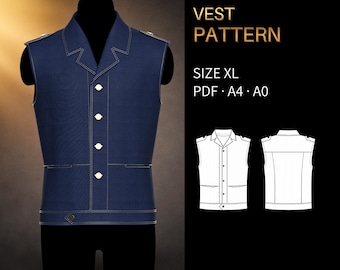 Mens Utility Waistcoat Sewing Pattern 6139 | Button-Front, Notched Collar, Epaulettes | Size XL, PDF A4 & A0