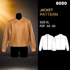 Mens Sewing Pattern 6050 | Zip Front Jacket with Shirt Collar, Inseam Zip Pockets and Buttoned Cuffs | Size XL in PDF A4 & A0