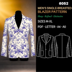 Peut inclure: Un patron de blazer à simple boutonnage avec un motif floral bleu et blanc. Le patron est disponible en tailles M-XL au format PDF. L'image montre un blazer sur un mannequin et un dessin au trait du blazer.