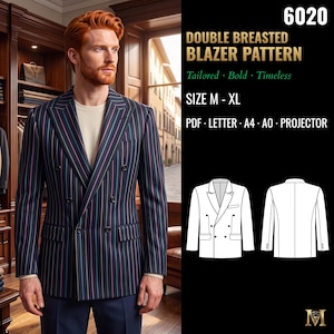Mens Double Breasted Blazer Sewing Pattern | Suit Jacket with Notched Lapels | Sizes M, L, XL | PDF A4, A0, Letter & Projector | 6020