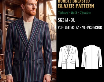 May include: A double-breasted blazer pattern 6020 for sizes M-XL, featuring a dark navy fabric with vertical pinstripes in pink, blue, and white. The digital file includes PDF, Letter, A4, A0, and projector formats, with technical line drawings showing front and back views.
