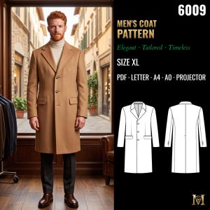 Patrón de costura para abrigo de hombre / Abrigo de un solo botón con solapas con muescas / Talla XL / PDF A4, A0, tamaño carta estadounidense / 6009