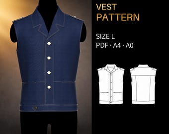 Mens Utility Waistcoat Sewing Pattern 6139 | Button-Front, Notched Collar, Epaulettes | Size L, PDF A4 & A0