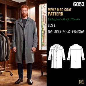 Patrón de costura para impermeable de hombre / Abrigo tipo gabardina de un solo botón con trabillas en las mangas / Talla L / PDF Carta, A4, A0 y proyector / 6053