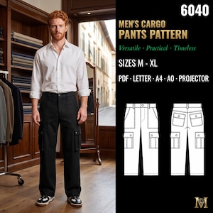 Cartamodello per pantaloni cargo da uomo / Pantaloni utility a gamba larga con tasche applicate / Taglie M, L, XL / PDF Letter, A4, A0 e proiettore / 6040
