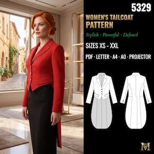 May include: A sewing pattern for a tailcoat labeled 5329, featuring sizes XS-XXL in PDF, Letter, A4, A0, and projector formats. The image displays a red tailcoat with gold buttons and a black skirt, alongside a white line drawing of the front and back.
